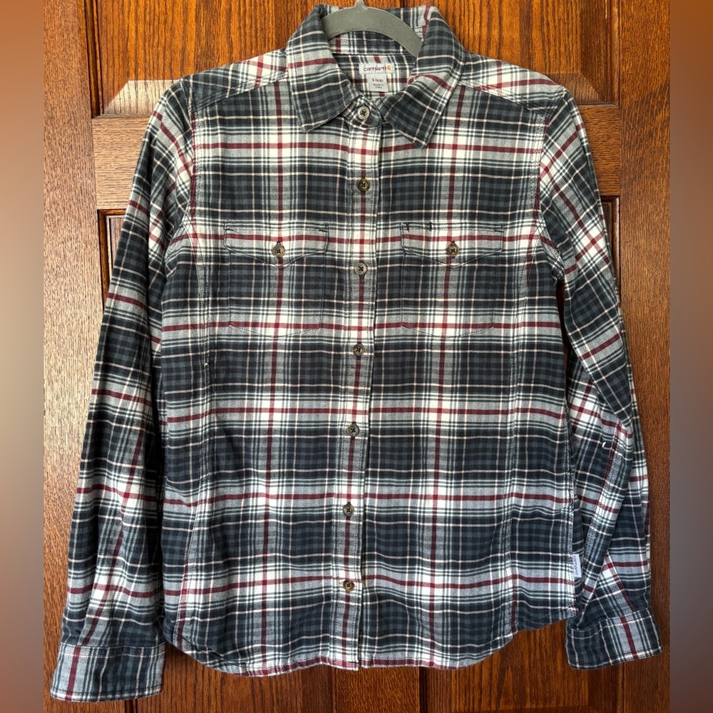 Carhartt Women’s SM (4/6) Gray/Blue/Red Plaid Flannel Long Sleeve Button UpShirt